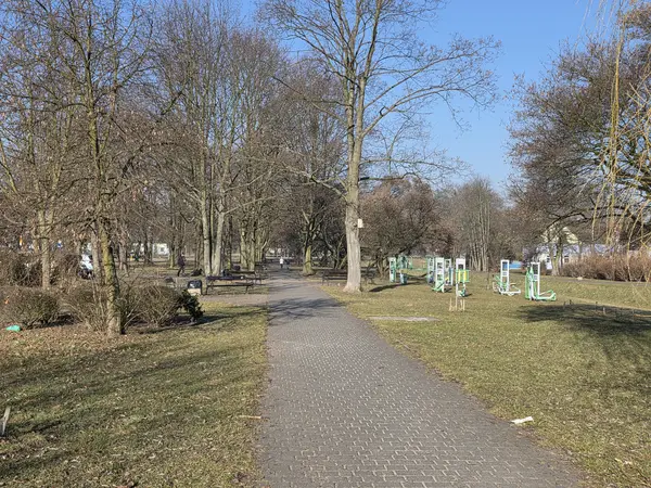 W oddali siłownia plenerowa