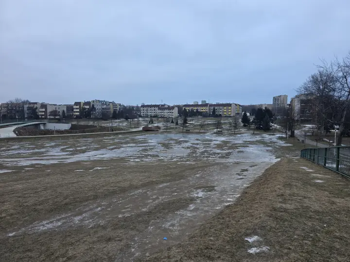 Widok z g&oacute;rki saneczkowej w stronę ul. Hierowskiego. Park pokryty lodem.