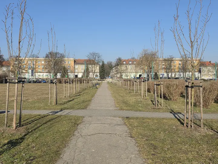 Aleja skweru. W oddali widać zabudowę osiedla A