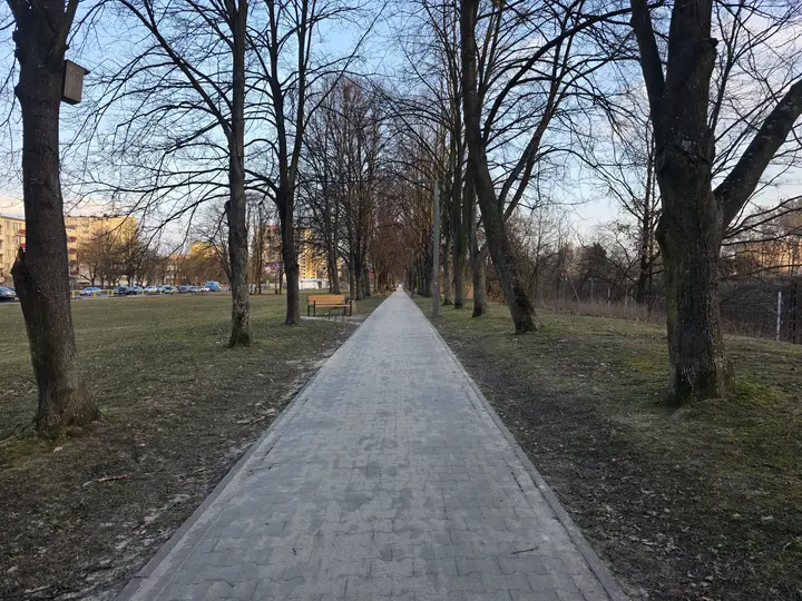 Gł&oacute;wna aleja skweru, widok w stronę ulicy Wyszyńskiego