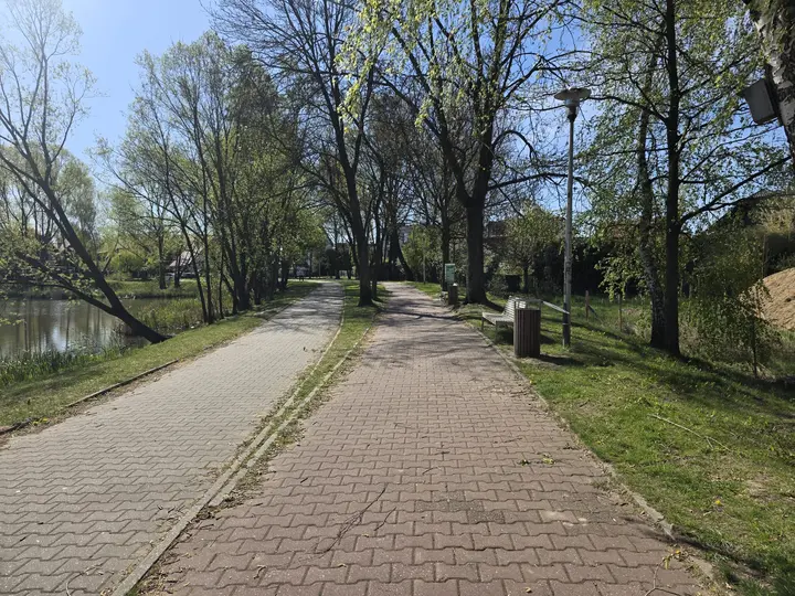 Po lewej stronie staw, po prawej ławki oraz automat z karmą dla ptak&oacute;w