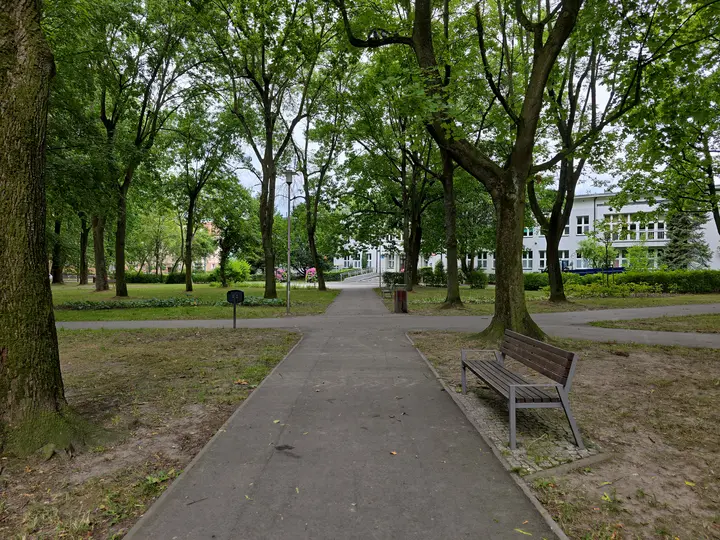 Aleja skweru z ławkami, widok w kierunku SP nr 11