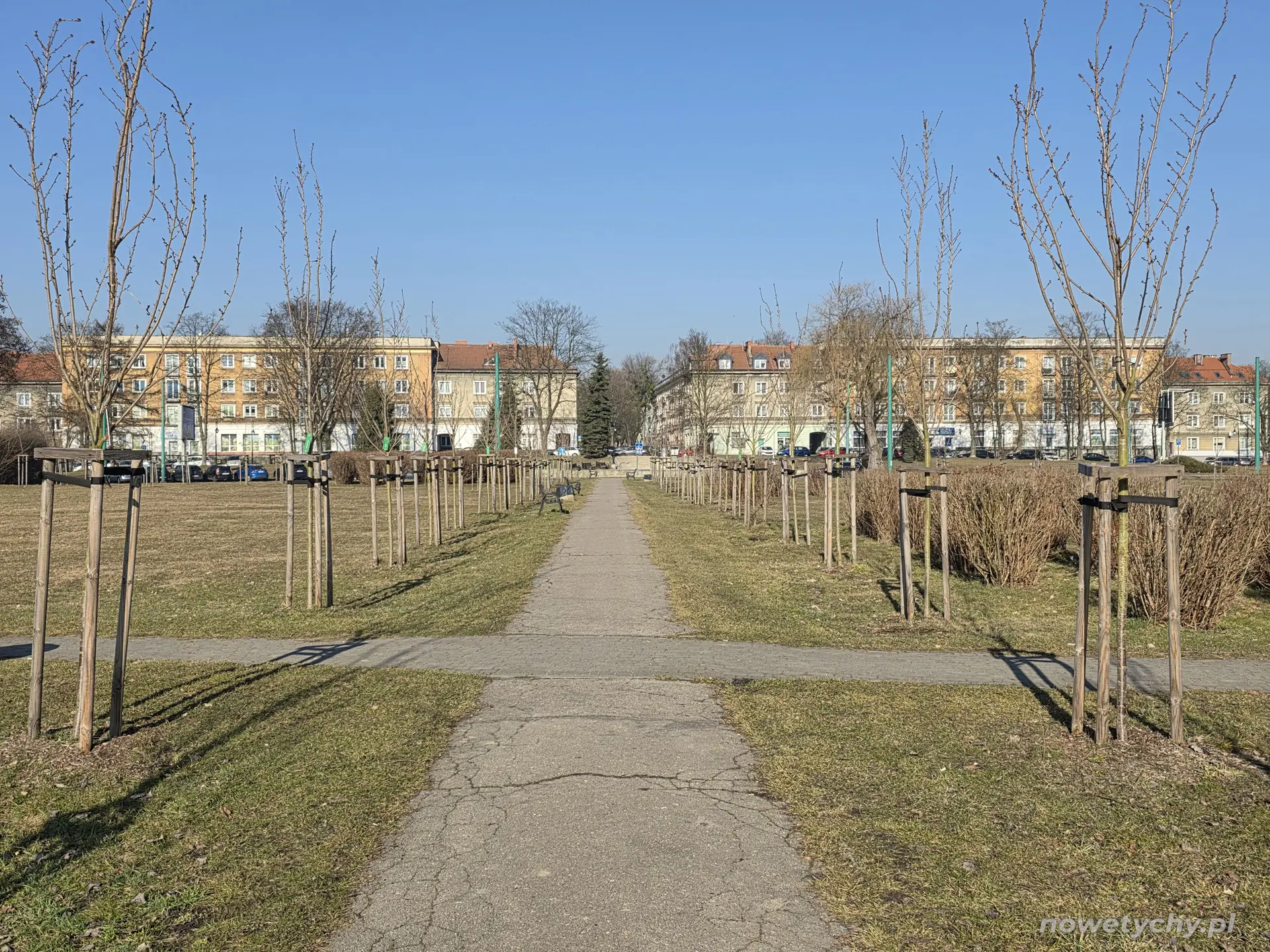 Aleja skweru. W oddali widać zabudowę osiedla A